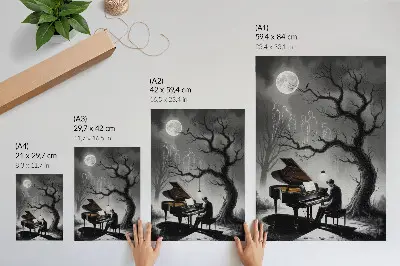 Wandposter mit gedämpften Farben und einem Motiv von Geistern, Klavier und Mond