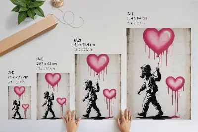 Wandposter mit Straßenkunstmotiv von kontrastierenden Herzen und Figuren