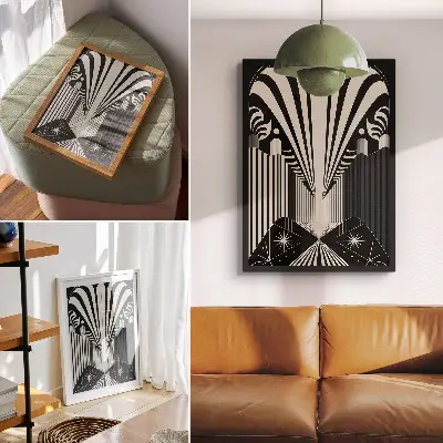 Wandposter mit markanten Kontrasten zwischen geometrischen Formen und Modernität