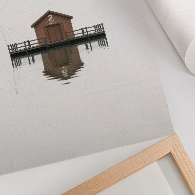 Wandposter Ein minimalistisches Holzhäuschen am Wasser