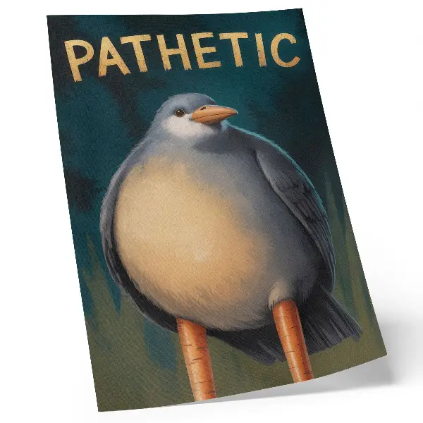 Poster lustiger Vogel in ungewöhnlichen Farben vor türkisfarbenem Hintergrund