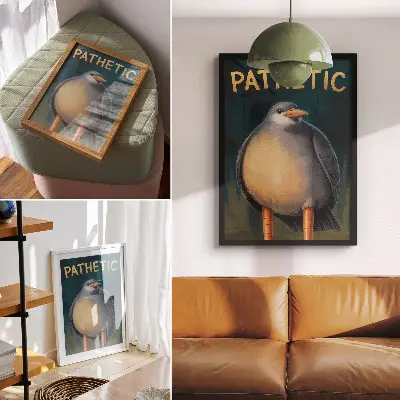 Poster lustiger Vogel in ungewöhnlichen Farben vor türkisfarbenem Hintergrund