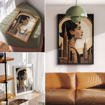 Kunstdruck leinwand Silhouette einer Frau, umgeben von Wolkenkratzern