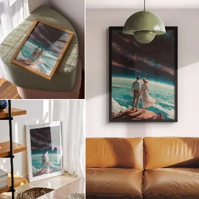Wandposter Menschen auf einer Klippe mit Blick auf den Sternenhimmel