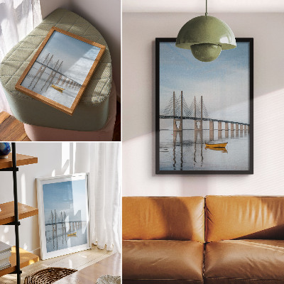 Kunstdruck leinwand Eine Brücke zwischen Himmel und Wasser mit einem gelben Boot