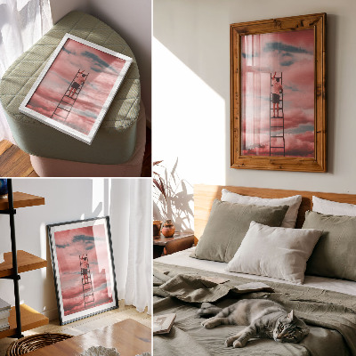 Wandposter Person auf Leiter, rosa Wolken, Himmel, Träume