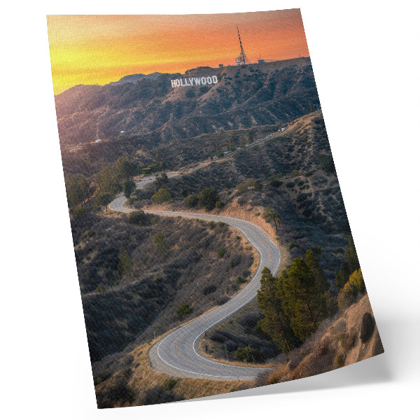 Poster Hügel Inschrift Straße Sonnenuntergang Träume