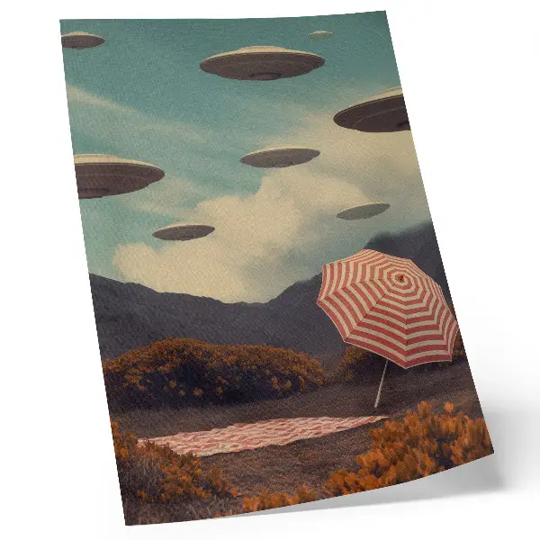 Poster malerische Landschaft mit Regenschirm und geheimnisvollen Objekten
