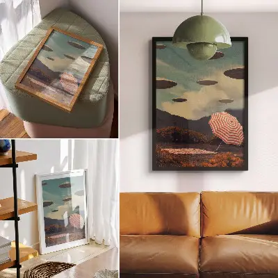 Poster malerische Landschaft mit Regenschirm und geheimnisvollen Objekten