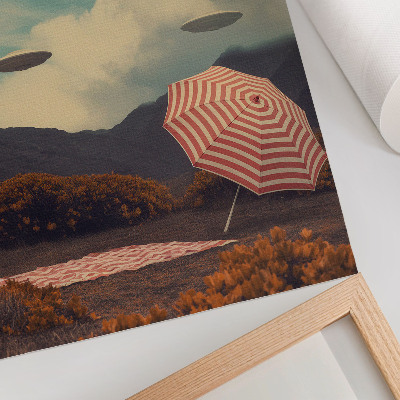 Poster Malerische Landschaft, Regenschirm und geheimnisvolle Objekte