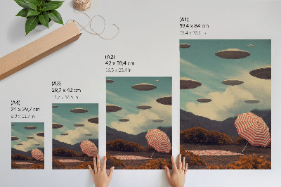 Poster Malerische Landschaft, Regenschirm und geheimnisvolle Objekte