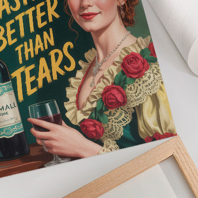 Kunstdruck leinwand Elegante Frau im Retro-Stil mit Wein und Inschrift