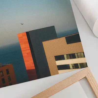 Kunstdruck auf Leinwand moderne Darstellung mit Meer, Gebäuden, Vögeln und weitem Himmel