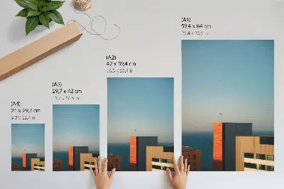 Kunstdruck auf Leinwand moderne Darstellung mit Meer, Gebäuden, Vögeln und weitem Himmel