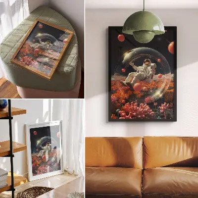 Wandposter Astronauten im Weltraum mit bunten Pflanzen und Kosmos-Motiv
