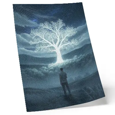 Wandposter magischer Baum vor einer nächtlichen Landschaft