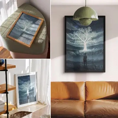 Wandposter magischer Baum vor einer nächtlichen Landschaft