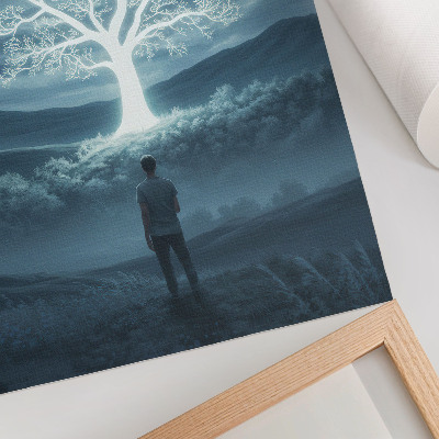 Wandposter Ein magischer Baum vor dem Hintergrund einer nächtlichen Landschaft.