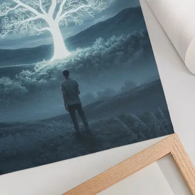 Wandposter magischer Baum vor einer nächtlichen Landschaft