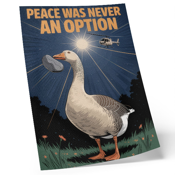Poster Eine Gans mit einem Stein und ein Hubschrauber im Hintergrund