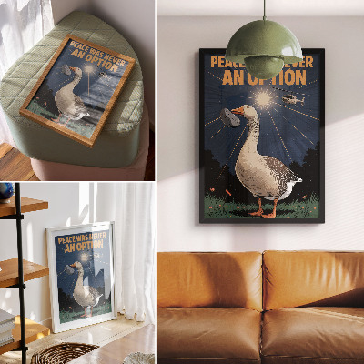 Poster Eine Gans mit einem Stein und ein Hubschrauber im Hintergrund