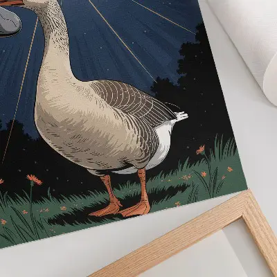 Poster mit einer Gans, einem Stein und einem Hubschrauber im Hintergrund