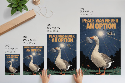 Poster Eine Gans mit einem Stein und ein Hubschrauber im Hintergrund