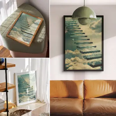 Wandposter Glastreppe in den Wolken unter türkisfarbenem Himmel