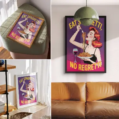 Poster bunte Frau beim Spaghetti essen mit Weinglas