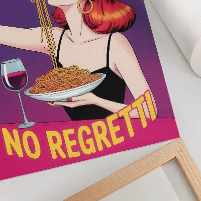 Poster bunte Frau beim Spaghetti essen mit Weinglas
