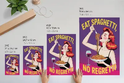 Poster bunte Frau beim Spaghetti essen mit Weinglas