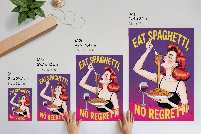 Poster Bunte Frau isst Spaghetti mit Wein