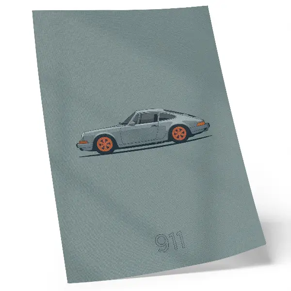 Leinwand-Kunstdruck klassisches Auto mit orangefarbenen Felgen auf grauem Hintergrund