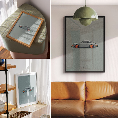 Kunstdruck leinwand Klassisches Auto mit orangefarbenen Felgen und grauem Hintergrund