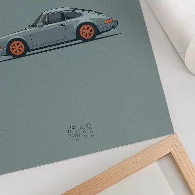 Leinwand-Kunstdruck klassisches Auto mit orangefarbenen Felgen auf grauem Hintergrund