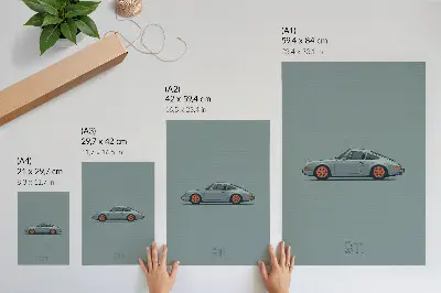 Leinwand-Kunstdruck klassisches Auto mit orangefarbenen Felgen auf grauem Hintergrund