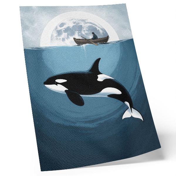 Poster Schwertwal unter Wasser, Person auf einem Boot, Mond im Hintergrund