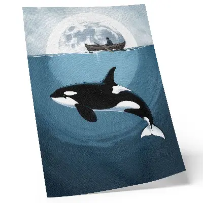 Poster mit Schwertwal unter Wasser, Person auf einem Boot und Mond im Hintergrund