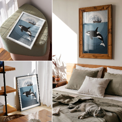 Poster Schwertwal unter Wasser, Person auf einem Boot, Mond im Hintergrund