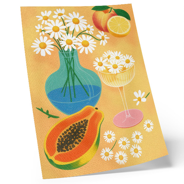 Poster Saftige Früchte, bunte Gänseblümchen, illustrativer Stil