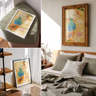 Poster mit saftigen Früchten und bunten Gänseblümchen im illustrativen Stil