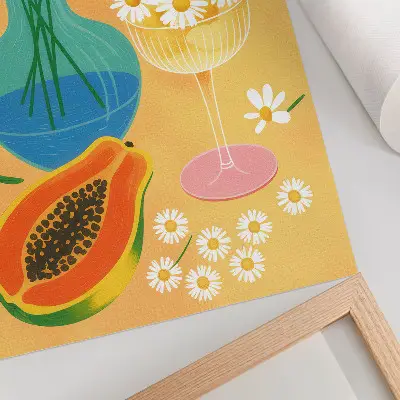 Poster mit saftigen Früchten und bunten Gänseblümchen im illustrativen Stil