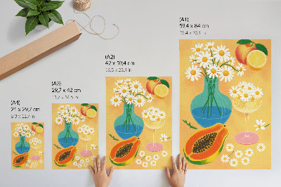 Poster Saftige Früchte, bunte Gänseblümchen, illustrativer Stil