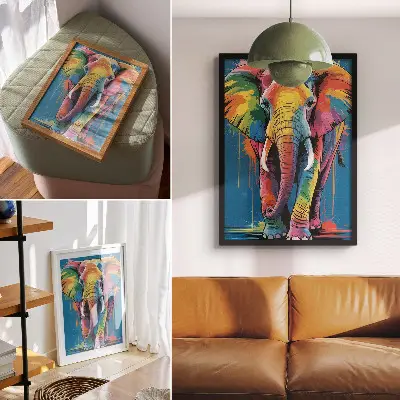 Wandposter farbenfroher Elefant in kontrastreichen und intensiven Farben