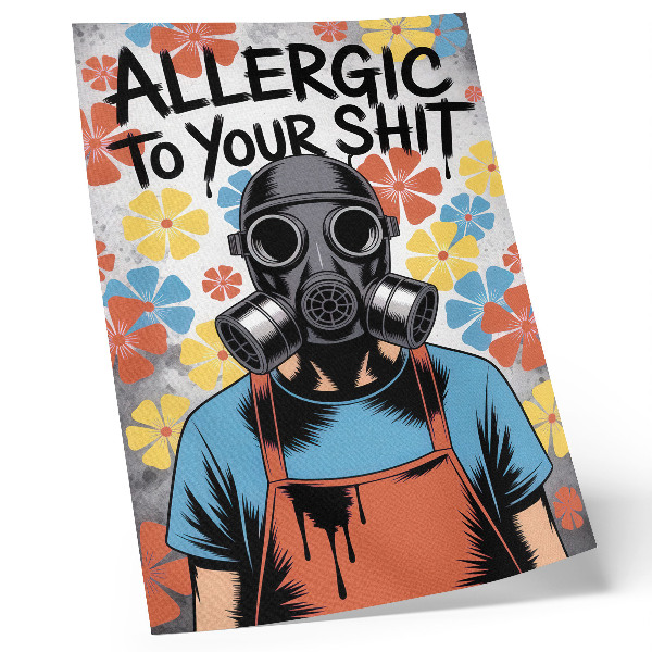 Poster Comicfigur mit Maske und bunten Blumen