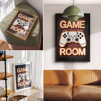 Wandposter Neon-Controller-Design auf schwarzem Hintergrund