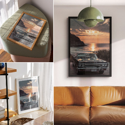 Wandposter Retro-Auto, Sonnenuntergang, Meer, nostalgisch