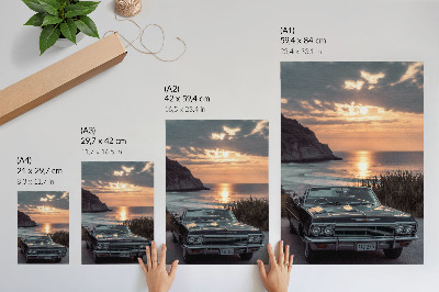 Wandposter Retro-Auto, Sonnenuntergang, Meer, nostalgisch