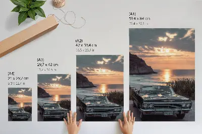 Wandposter retro Auto vor einem nostalgischen Sonnenuntergang am Meer