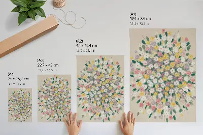 Poster mit bunten Blumen und pastellfarbenen Blättern für eine frische Optik
